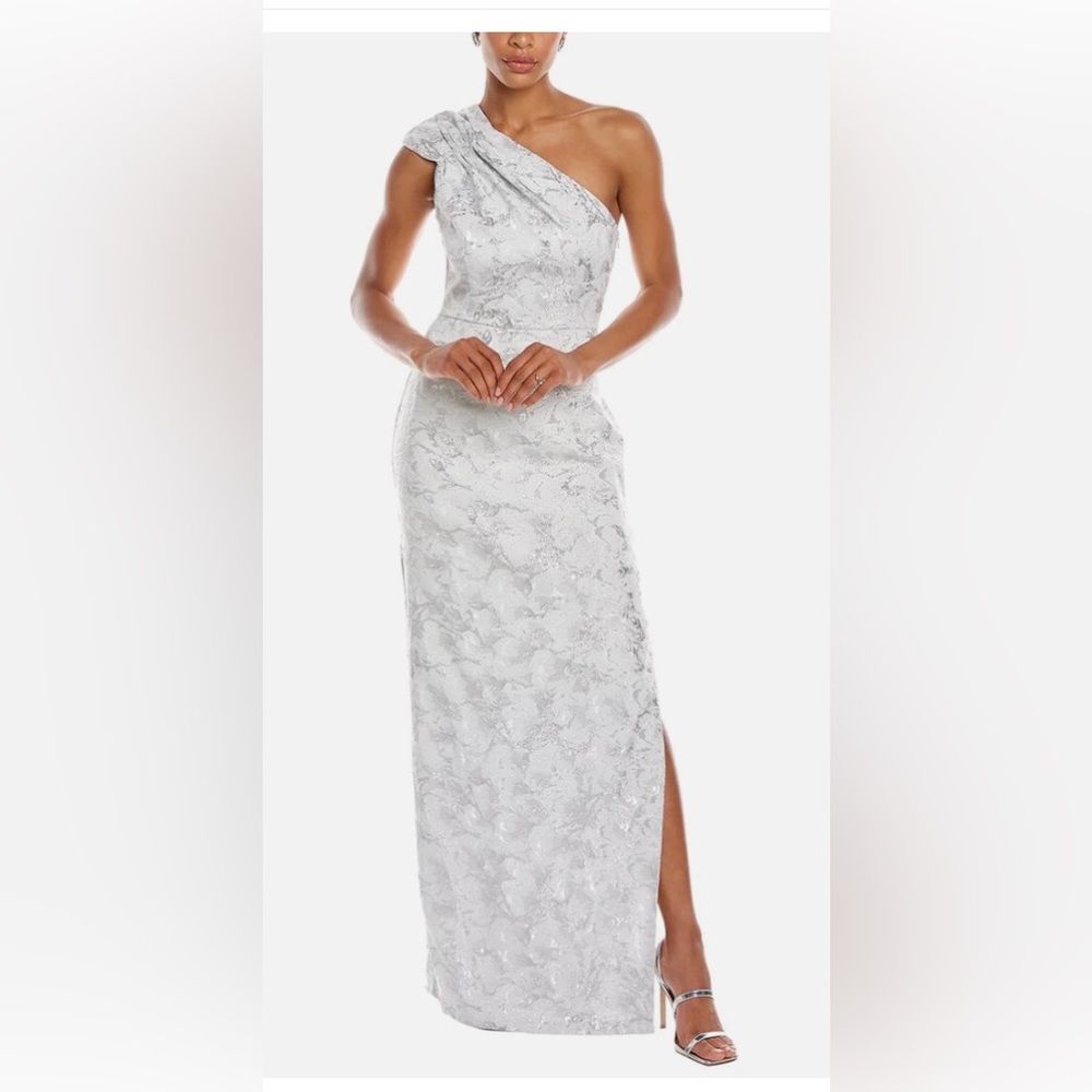 Aidan Mattox One-Shoulder Column Gown. Silver/Gray Size 8